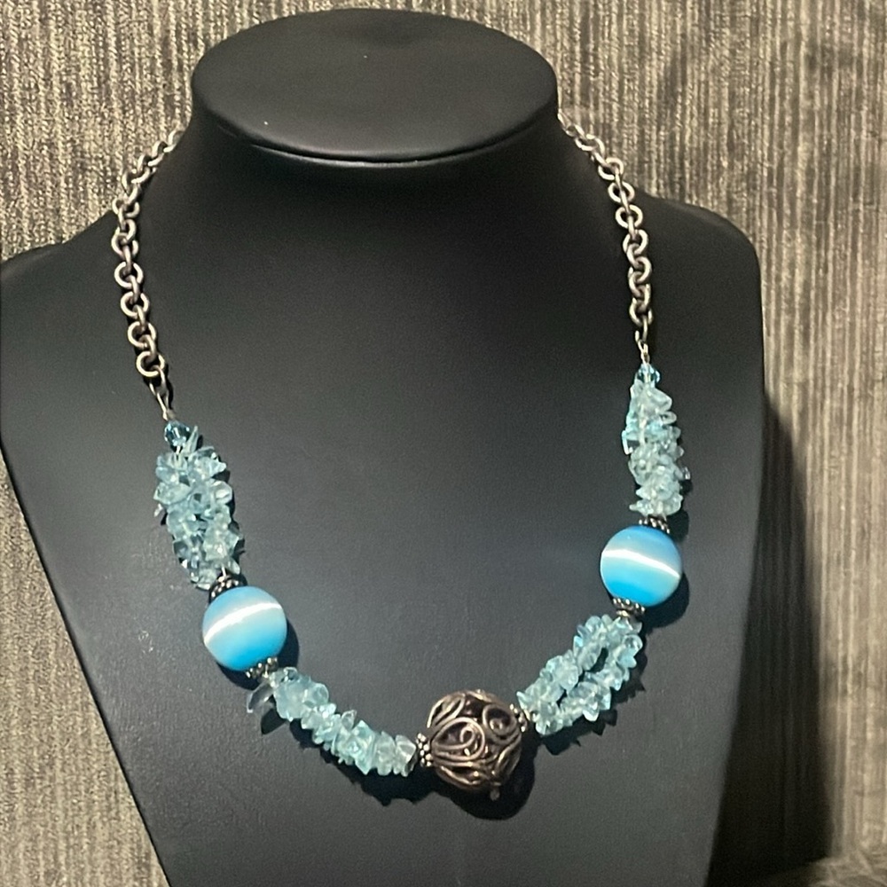.925 Sterling TOPAZ CAT’S EYE BEADED NECKLACE real solid Silver Fine Jewelry - Picture 2 of 14